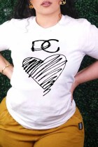 White Casual Print Letter O Neck T-Shirts