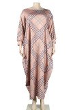 Khaki Casual Print Patchwork O Neck Printed Dress Plus Size Dresses