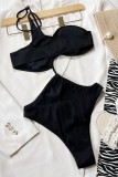 Trajes de baño asimétricos sin espalda sólidos sexy negros (con rellenos)