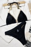 Black Sexy Solid Bandage Chains Backless Swimwears (With Paddings)