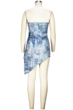 Синее сексуальное платье в стиле пэчворк без бретелек с асимметричным принтом Платья