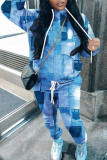 Ковбойский синий Повседневный уличный принт Пэчворк Воротник с капюшоном Плюс Размер Из двух частей