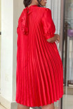 Red Casual Solid Patchwork Fold O Neck Straight Dresses