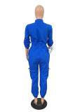 Blue Casual Street Solid Patchwork Pocket Zipper Collar Plus Size Jumpsuits