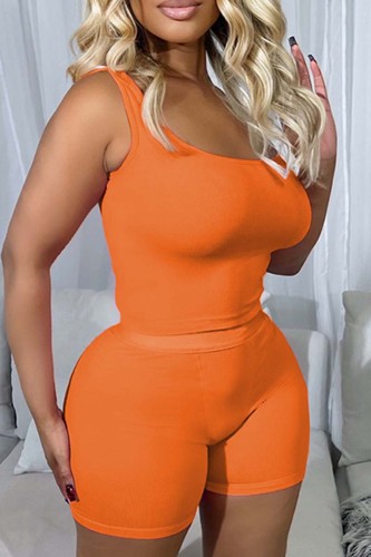 Orange Casual Solid Basic U Neck Sleeveless Two Pieces