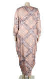 Khaki Casual Print Patchwork O Neck Printed Dress Plus Size Dresses