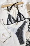 Серебристо-черный сексуальный лоскутный бандажный контрастный купальник с открытой спиной (с прокладками)