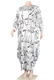 White Casual Print Patchwork O Neck Printed Dress Plus Size Dresses