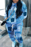 Colletto con cappuccio patchwork con stampa casual blu tibetano Plus Size Due pezzi