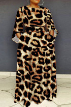 Leopardenmuster Casual Print Patchwork O-Ausschnitt bedrucktes Kleid Kleider in Übergröße
