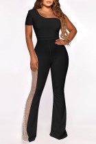 Black Casual Solid Patchwork See-through Backless Oblique Collar Regular Jumpsuits