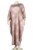 Khaki Casual Print Patchwork O-Ausschnitt bedrucktes Kleid Plus Size Kleider