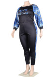 Blue Casual Street Print Patchwork O Neck Plus Size Two Pieces