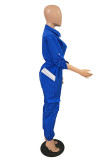 Blue Casual Street Solid Patchwork Pocket Zipper Collar Plus Size Jumpsuits