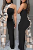 Dark Khaki Casual Print Patchwork Half A Turtleneck Plus Size Jumpsuits