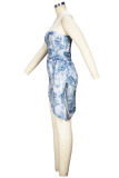 Синее сексуальное платье в стиле пэчворк без бретелек с асимметричным принтом Платья