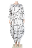 White Casual Print Patchwork O Neck Printed Dress Plus Size Dresses