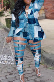 The cowboy blue Casual Street Print Hollowed Out Patchwork Buttons Turn-back Collar Plus Size Two Pieces