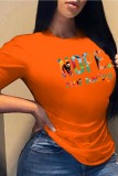 Tangerine Red Casual Letter Print Basic T-shirts met O-hals