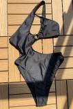 Roupas de banho pretas sexy sólidas sem costas vazadas (com acolchoamento)