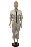 Kaki Casual Street Solid Patchwork Pocket Rits Kraag Jumpsuits in grote maten
