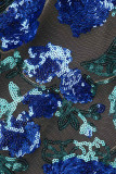 青いセクシーな無地刺繍スパンコール パッチワーク シースルー ハーフ A タートルネック ペンシル スカート ドレス