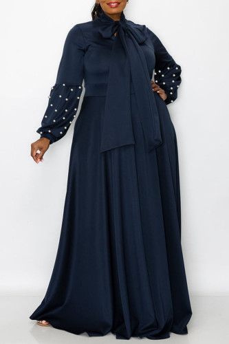 Tibetan Blue Casual Elegant Solid Patchwork Beading Ribbon Collar Evening Dress Plus Size Dresses