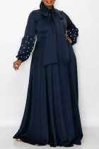 チベット ブルー カジュアル エレガント ソリッド パッチワーク ビーズ リボン カラー イブニング ドレス プラス サイズのドレス