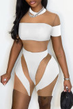 White Sexy Patchwork See-through Contrast O Neck Skinny Romper