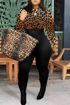 Leopardtryck Casual Street Print Patchwork O Neck Plus Size Jumpsuits
