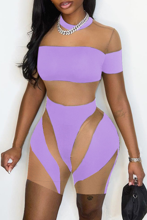 Фиолетовый сексуальный пэчворк, прозрачный контрастный узкий комбинезон с круглым вырезом