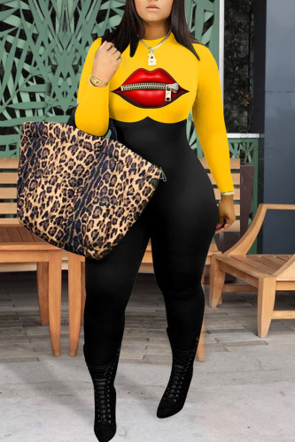 Yellow Casual Print Patchwork O Neck Plus Size Jumpsuits