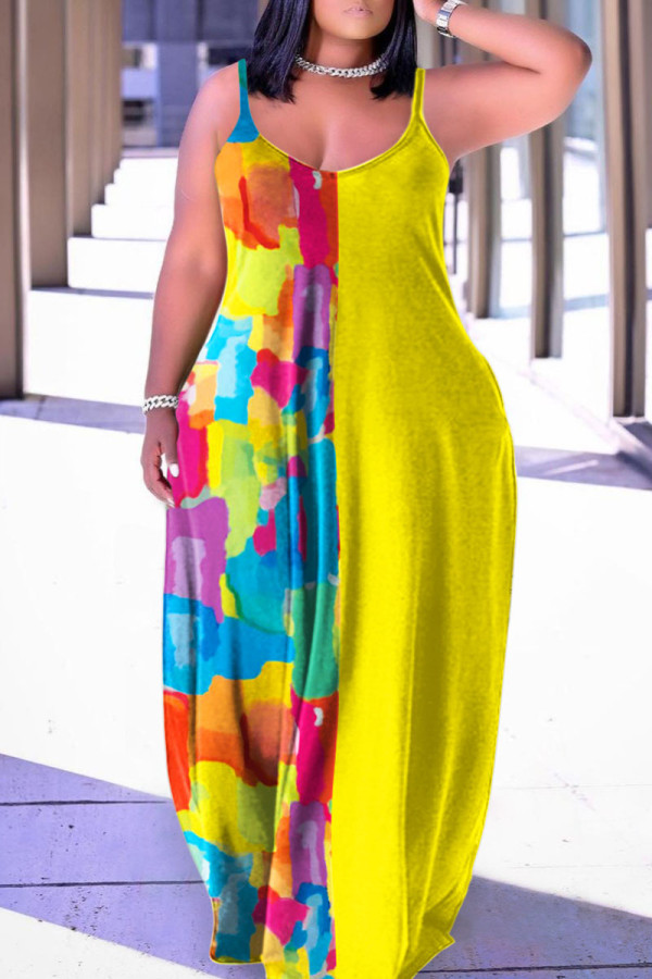 イエロー カジュアル ストリート プリント パッチワーク スパゲッティ ストラップ ランタン スカート プラス サイズのドレス
