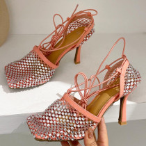 Zapatos casuales de moda con lentejuelas y diamantes de imitación cuadrados para puerta exterior rosa