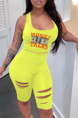 Yellow Casual Print Ripped U Neck Sleeveless Two Pieces