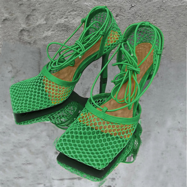 Groene sexy patchwork mesh gesloten deur lederen schoenen