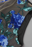 青いセクシーな無地刺繍スパンコール パッチワーク シースルー ハーフ A タートルネック ペンシル スカート ドレス