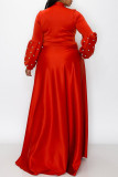 Robe de soirée rouge décontractée élégante solide patchwork perles col ruban robes de grande taille