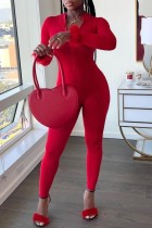 Красные сексуальные однотонные облегающие комбинезоны с воротником-молнией в стиле пэчворк