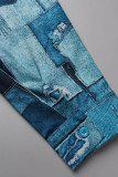 Tibetan Blue Sexy Casual Print Printing Hemdkragen Hemdkleid Kleider