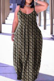 Black khaki Casual Street Print Patchwork Spaghetti Strap Lantern Skirt Plus Size Dresses