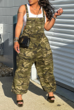 Army Green Street Camouflage Print Patchwork Spaghetti Strap Harlan Overalls
