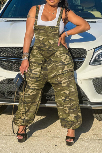 Army Green Street Camouflage Print Patchwork Spaghetti Strap Harlan Jumpsuits