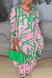 Повседневные платья цвета хаки с принтом, с круглым вырезом и длинным рукавом, платья больших размеров