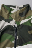 Verde militare casual stampa giornaliera tinta unita patchwork colletto con cerniera manica lunga due pezzi