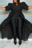 Zwart Casual Effen Bandage Patchwork Gesp Kralen Kraagvorm Recht Grote maten jurken