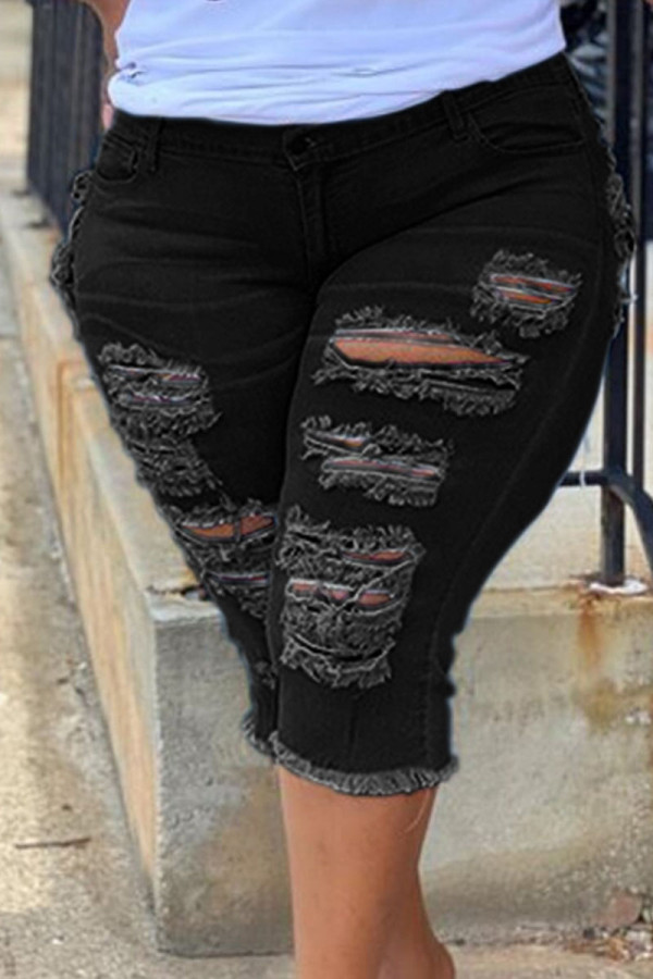 Schwarze Casual Street Solid Ripped Make Old Patchwork Jeans in Übergröße