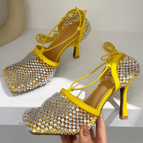 Zapatos moda casual lentejuelas patchwork rhinestone cuadrado fuera de la puerta amarillo