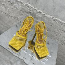 Zapatos de cuero con puerta cerrada de malla de patchwork sexy amarillo limón