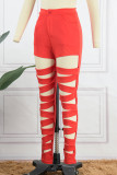 Rode casual effen uitgeholde patchwork magere hoge taille potlood effen kleur broek